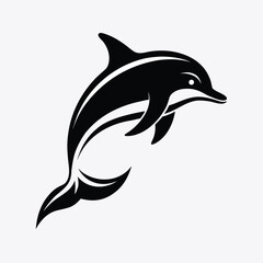 Sleek black silhouette of a dolphin leaping gracefully out of the water against a clean white background
