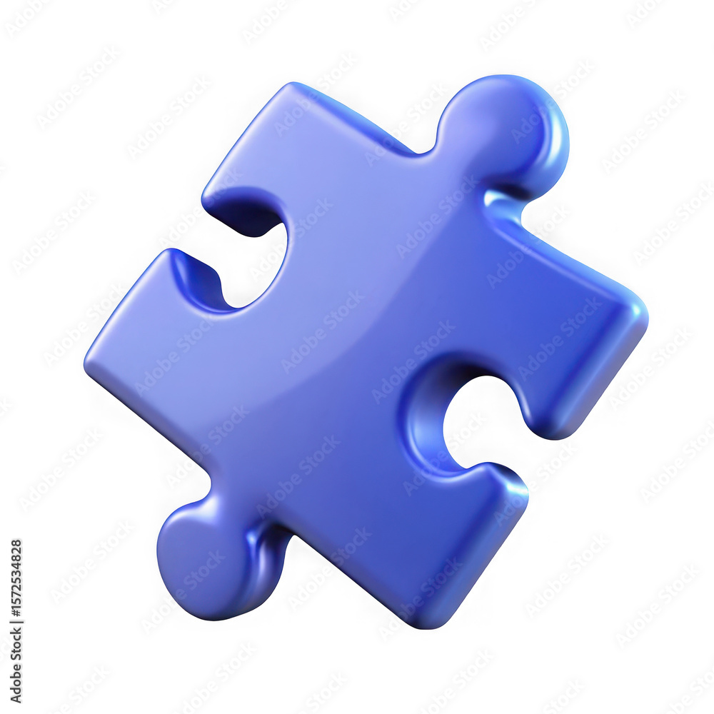 Poster a single shiny blue puzzle piece with a glossy finish isolated on a transparent background symbolizi
