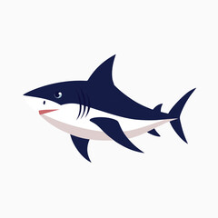 Illustration of a sleek powerful great white shark with dark blue fins and a white underbelly swimming gracefully in clear ocean waters