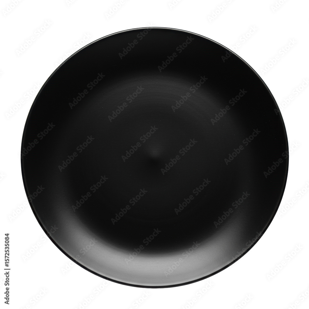 Poster a jet-black, perfectly round, glossy plate with an elegant curve, presented empty and isolated again
