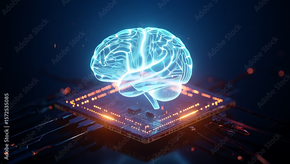 Poster artificial intelligence brain concept on a microchip, abstract ai brain illustration on circuit boar