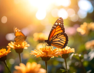 Two Monarch butterflies perched on vibrant yellow flowers, bathed in sunlight.
