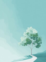 Pastel landscape with lone tree and path