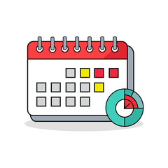A flat vector illustration of a desktop calendar with color-coded dates and a circular pie chart next to it. Clean, modern design, red header, white background, minimal shadows.