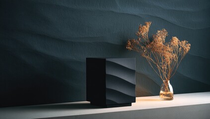 Dark, modern cube beside dried flowers