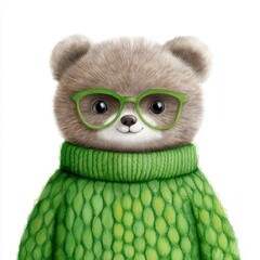 Big brown bear portrait. Dressed in green knitted sweater looking at camera. Hand painted watercolour illustration isolated on white background. Poster print holiday postcard design.