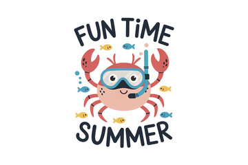 fun time summer - Illustration of a crab diving underwater surrounded by fish, Funny Summer Sublimation Design isolated on transparent background