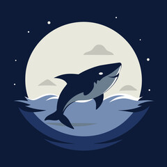 Majestic shark leaping from ocean waves under a large full moon in a starry night sky