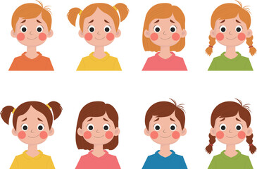 Fototapeta premium Vector collection of children's faces with different hairstyles.