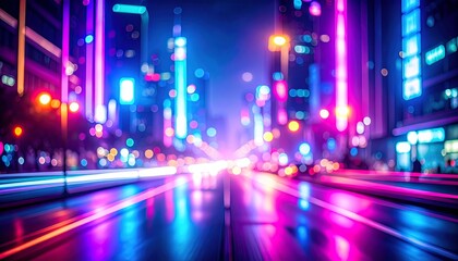 Abstract night city lights blur with the colorful glow of urban traffic on wet streets