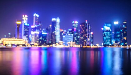 Fototapeta premium Capturing the urban panorama, a vibrant night city skyline reflects in the harbor, showcasing illuminated skyscrapers and modern architecture