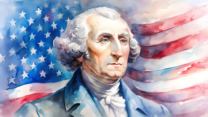 Watercolor illustration of George Washington against the background of the American flag. Independence Day 4th of July. Presidents' Day