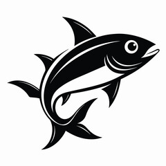 Stylized black and white silhouette of a swimming fish with sharp fins and a sleek body