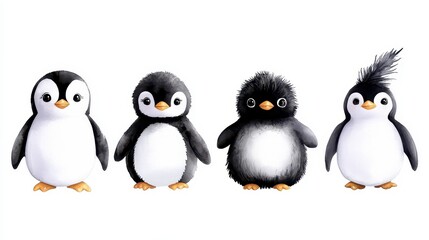 Fototapeta premium Collection of cute baby penguins. Winter cartoon illustration. Watercolor isolated on white background. Adorable penguin chicks watercolor painting winter scene charming wildlife imagery