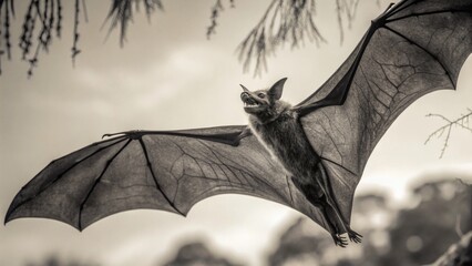Bat in mid-flight with fully extended wings and open mouth captured in dramatic monochrome against blurred natural background.