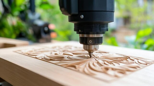 Automated cnc machine carving floral design into wood surface craft manufacturing
