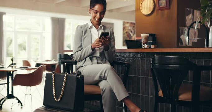 Woman, lounge and smile with phone for travel, coffee and message at cafe reception on business trip. Hospitality, accommodation and businessman in lobby with smartphone, luggage and conversation