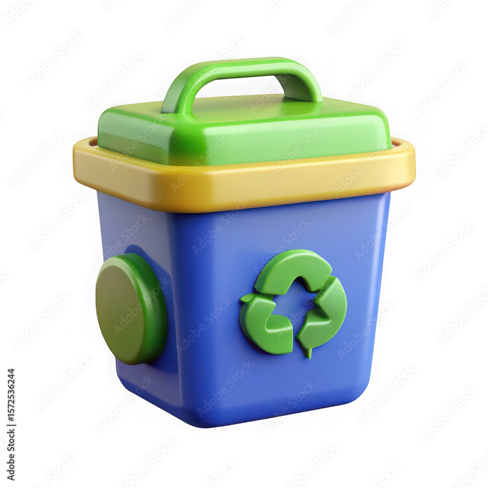 Poster brightly colored 3d rendering of a recycling bin with a green recycling symbol and handle on a trans