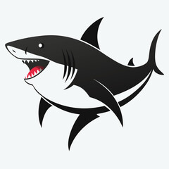 Naklejka premium Fierce black shark illustration with open mouth and sharp teeth depicting a powerful predator in the ocean depths