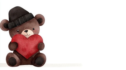 cute Valentine brown teddy bear doll hugs red heart watercolour hand drawing. Adorable brown plush toy embracing a heart a charming watercolor illustration crafted by hand.