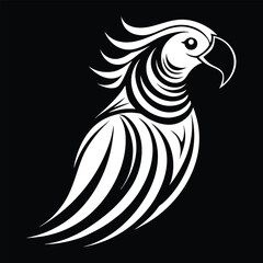 Striking white tribal parrot silhouette on a black background elegant and modern avian design