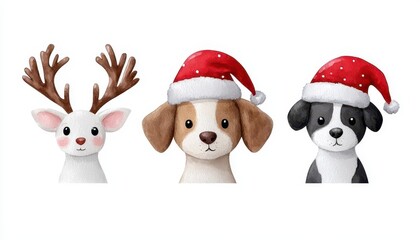 Dogs and Cats wearing cute Christmas accessories reindeer antlers and red Santa hat. Hand painted watercolour drawing isolated clip art elements for design and Christmas holidays