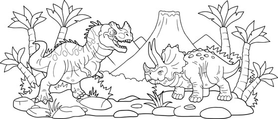 Naklejka premium dinosaur battle, outline illustration, coloring book for kids