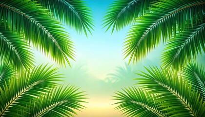 Fototapeta premium A tropical nature scene unfolds with green palm tree leaves reaching towards the blue sky from a beachside paradise, evoking summer vacation
