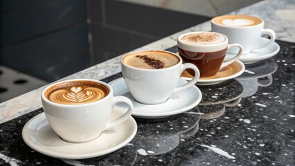 Four coffee cups with diverse latte art and toppings arranged on marble surface showcasing variety in café presentation and texture.