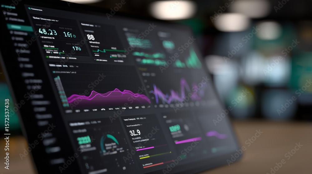 Poster data analytics dashboard displays real-time metrics and performance insights at a tech office during