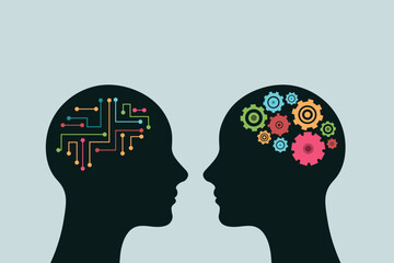 human silhouette with brain, gears and circuit board