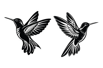 Black silhouette hummingbirds in flight flying wings