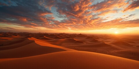 Vast Desert Landscape: Sunset Hues on Sandy Dunes