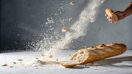 A dramatic capture of a baguette breaking apart with flour and crumbs scattering in mid air