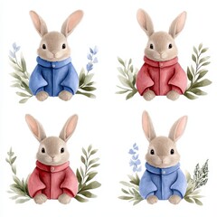 Fototapeta premium Set of Watercolor cute Peter Rabbits in red and blue jacket. Adorable bunny illustrations featuring charming apparel vibrant hues and artistic watercolor technique.