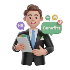 Cartoon hr professional discussing benefits isolated on a transparent background