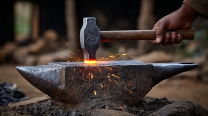Skilled Blacksmith Forging Red Hot Iron Rod on Heavy Anvil