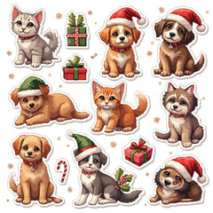 A delightful set of isolated Christmas cartoon animals featuring a cute collage of puppies, dogs, and cats on a white background