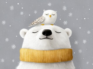 watercolor and pencil drawing of a polar bear with an owl on his head. Christmas illustration. A charming winter scene featuring a majestic arctic bear adorned with a wise avian companion