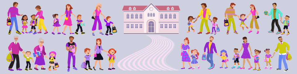 Set of parents and children. Happy family walking together holding hands. Parents accompany their kids to school or kindergarten. Flat vector illustration of mom, dad and schoolchildren.