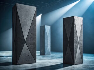 Modern geometric concrete monoliths illuminated by dramatic spotlights in a minimalist industrial space