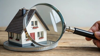 Miniature house model under magnifying glass on circular base