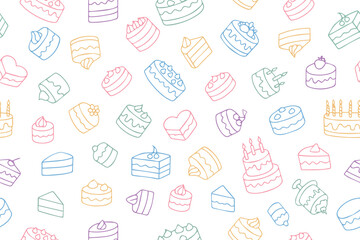 Seamless pattern of hand drawn cakes, cupcakes. Doodle style. Bright colorful designs for International Cake Day and Birthday. Vector illustration for your design. 