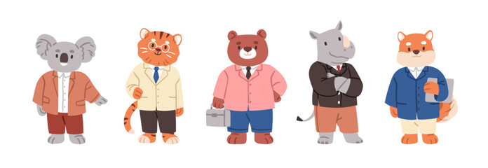 Business animals, cute wild characters set. Happy smiling koala bear, tiger, rhino in professional suits. Funny office workers, employees. Kids flat vector illustration isolated on white background © Good Studio