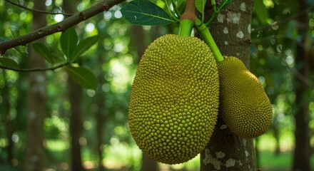 Close-Up View of Ripe Jackfruit Hanging on a Tree Branch Surrounded by Lush Green Foliage in Natural Forest Setting
