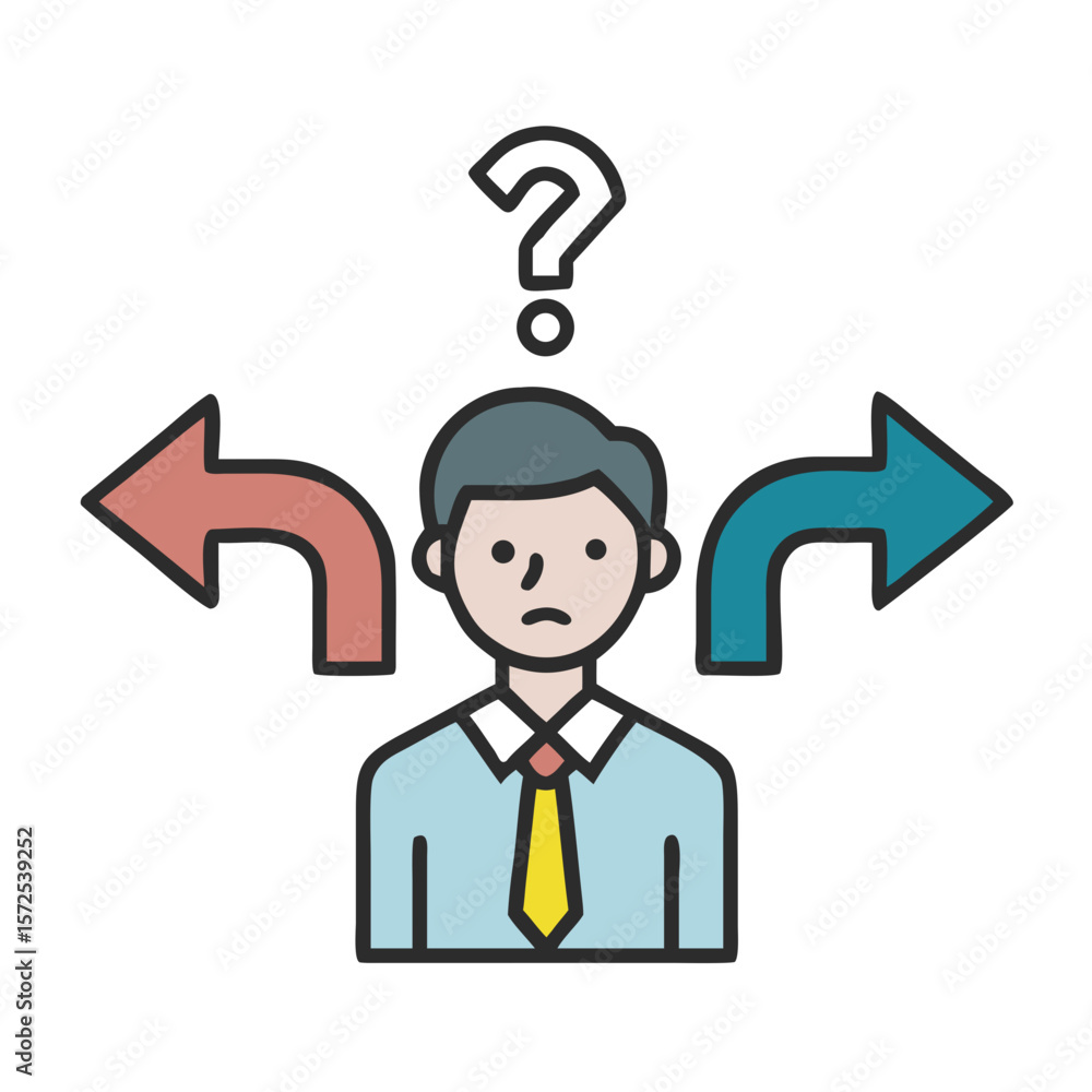 Poster confused man with arrows pointing left and right
