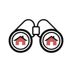 Binoculars with red roof houses inside lenses
