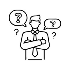 Businessman with multiple speech bubbles and question marks