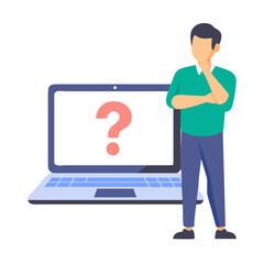 Man standing next to laptop with question mark on screen