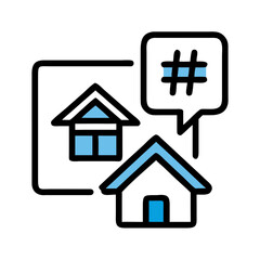 Two houses with hashtag chat bubble